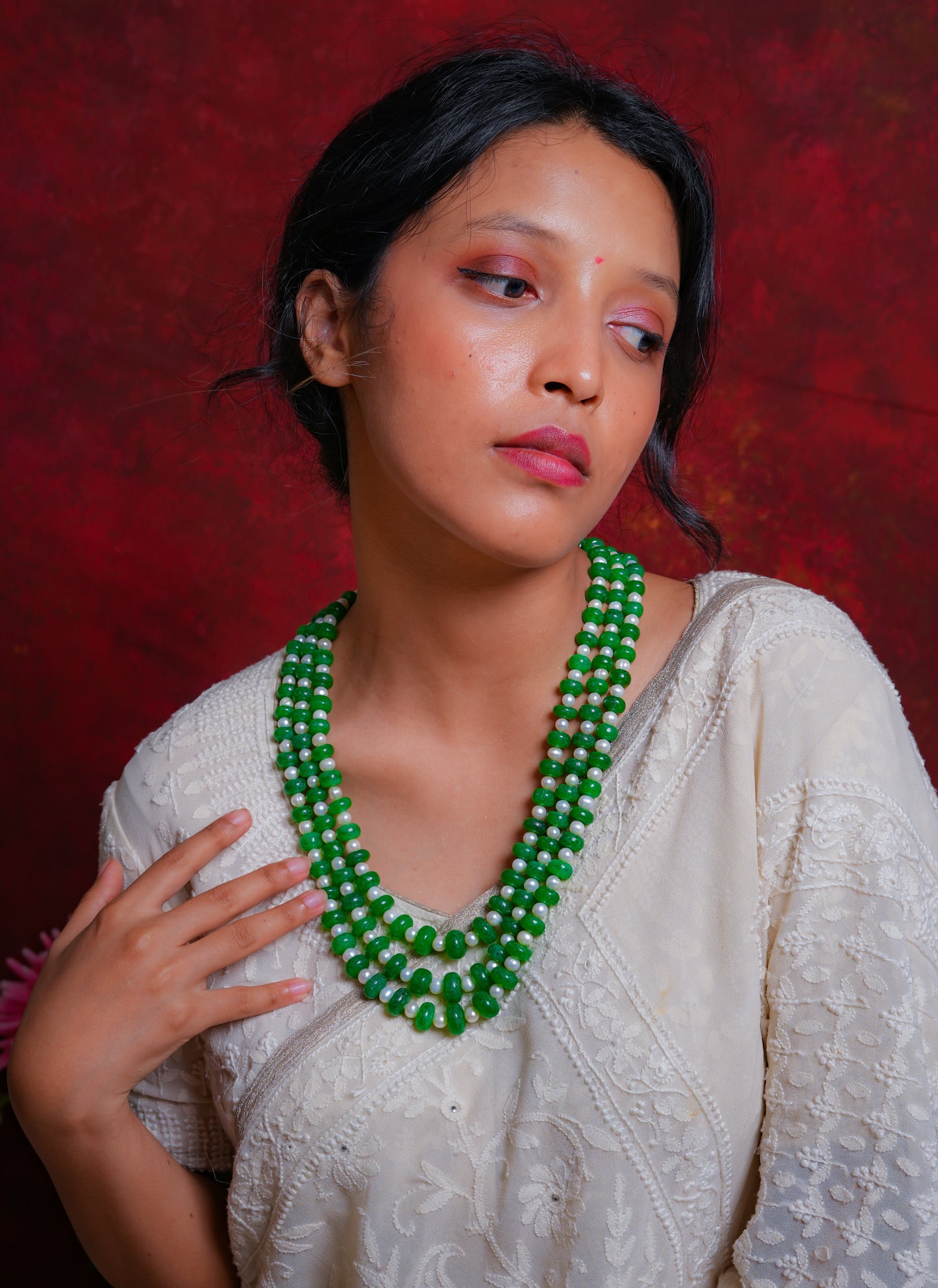 Fresh Foliage Green Onyx And Fresh Water Pearls Necklace