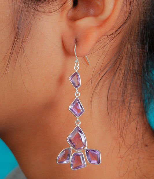 Silver Amethyst Trio Drop Earrings