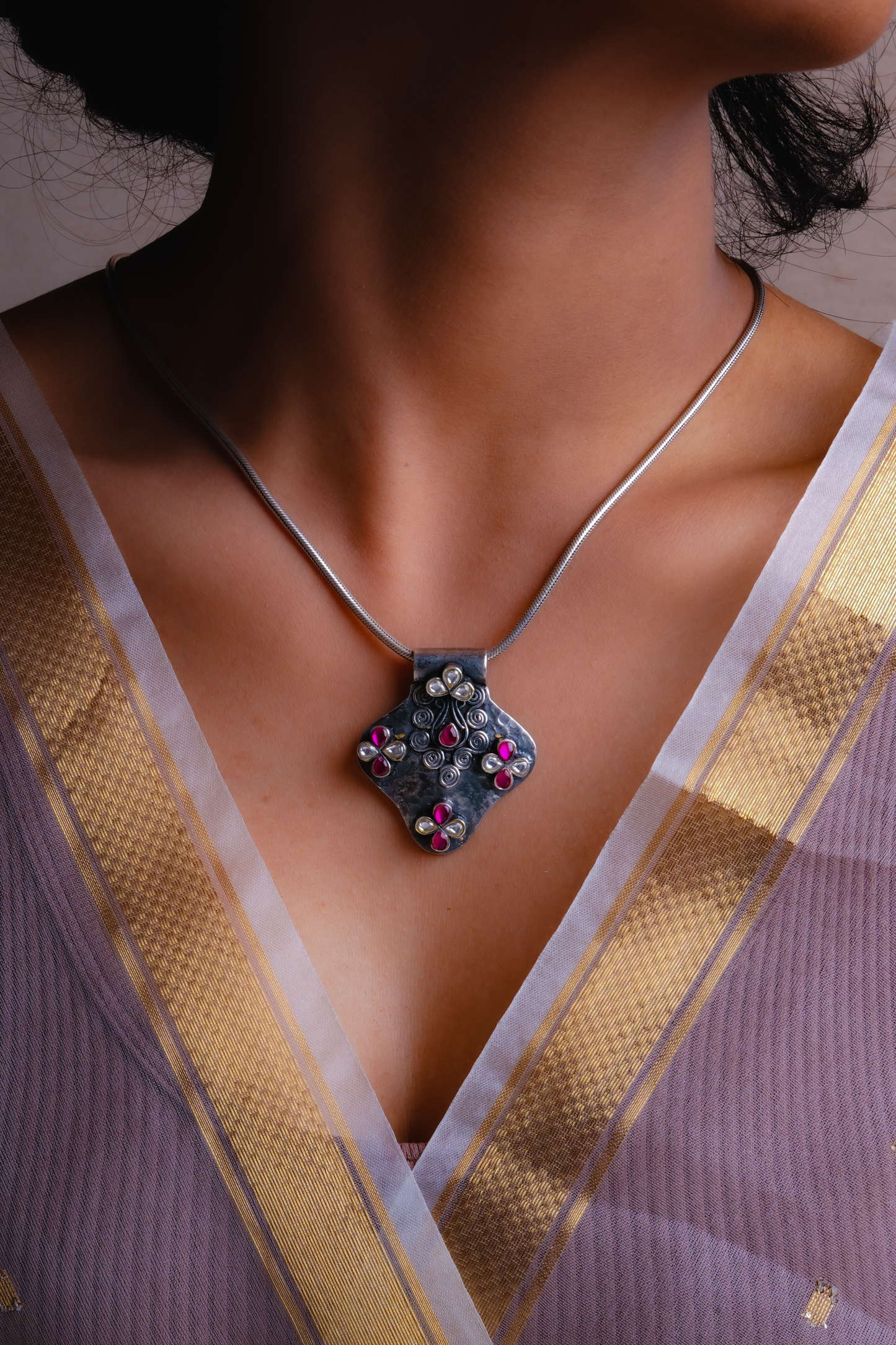 Ananya Pink Silver And Kundan Pendant