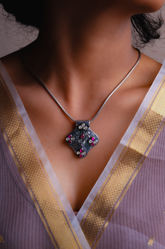 Ananya Pink Silver And Kundan Pendant