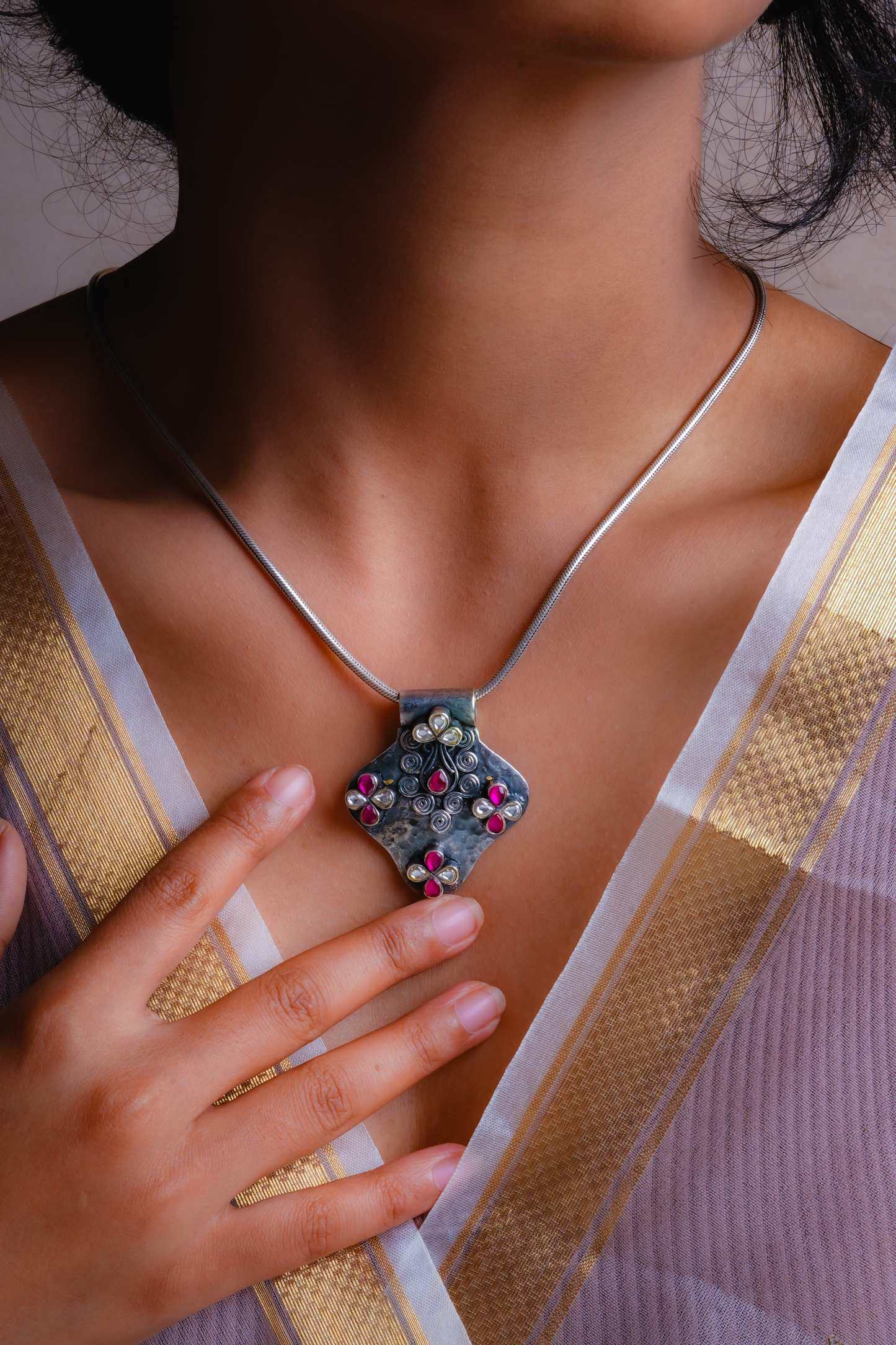 Ananya Pink Silver And Kundan Pendant