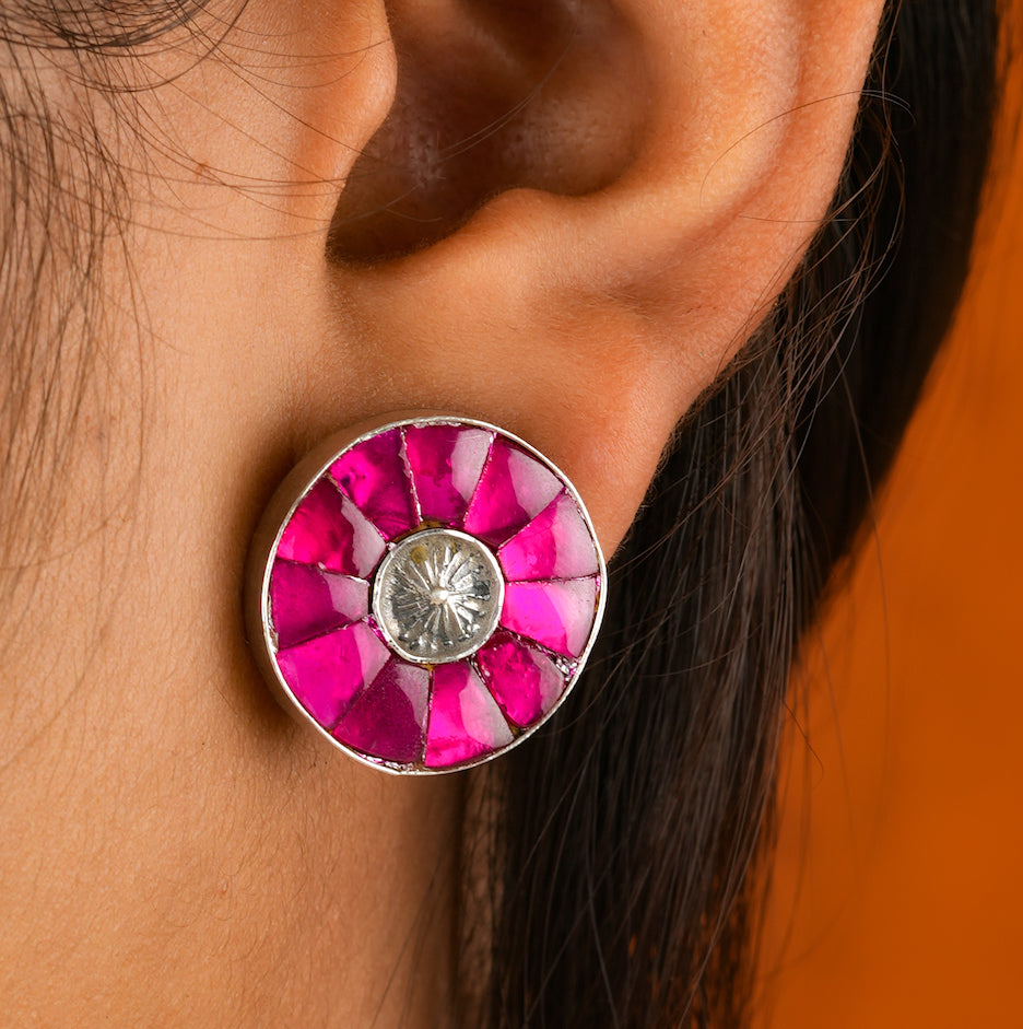 Pink Kundan Silver Studs