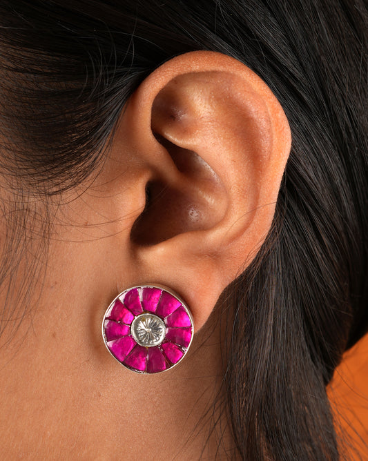 Pink Kundan Silver Studs