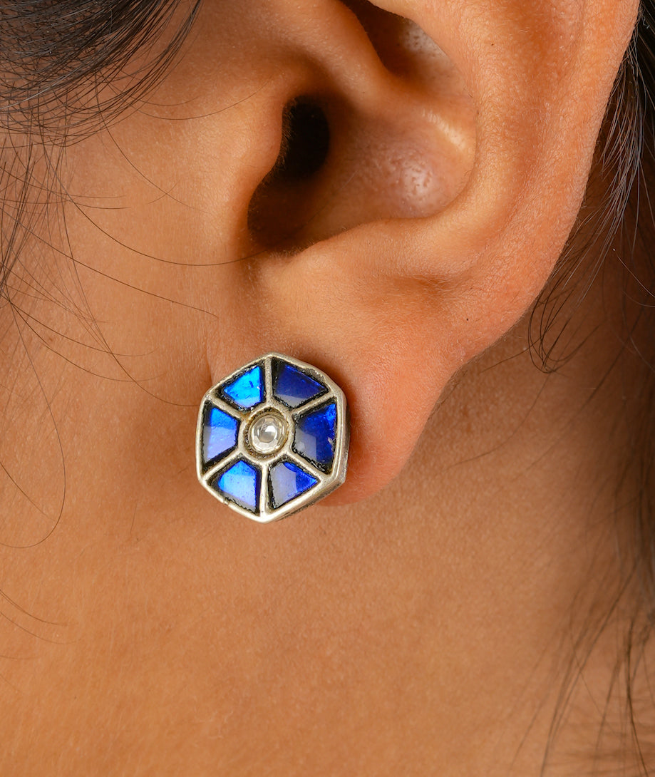 Blue Kundan Silver Studs
