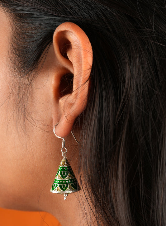 Green Meena Work Silver Jhumkas