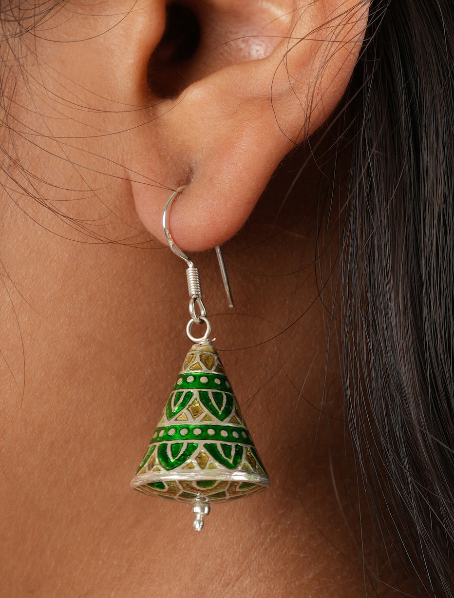 Green Meena Work Silver Jhumkas