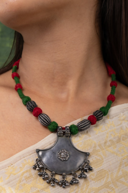 Silver Tribal Green Necklace