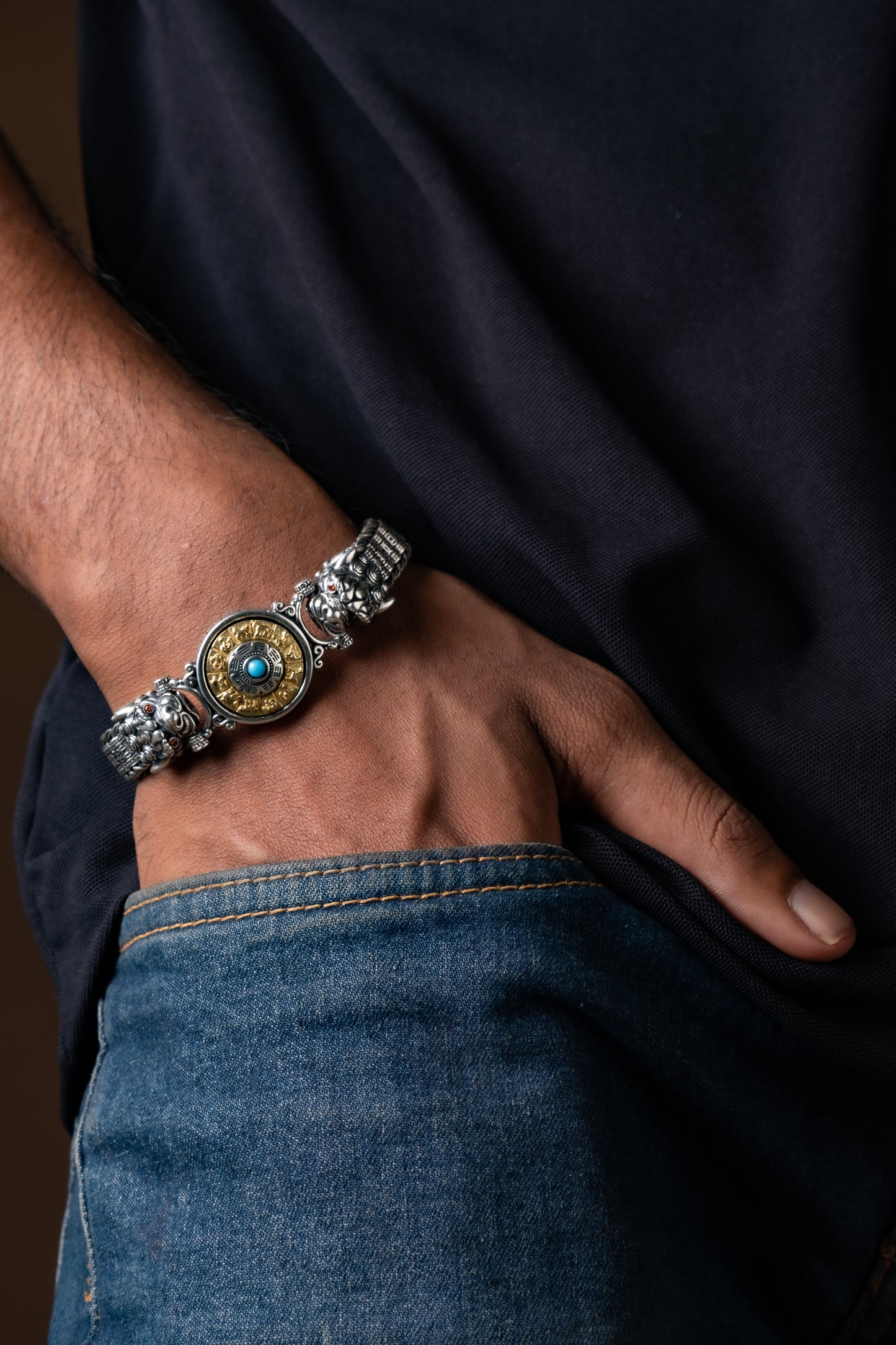 Rotating Sundial Tibetan Silver Bracelet