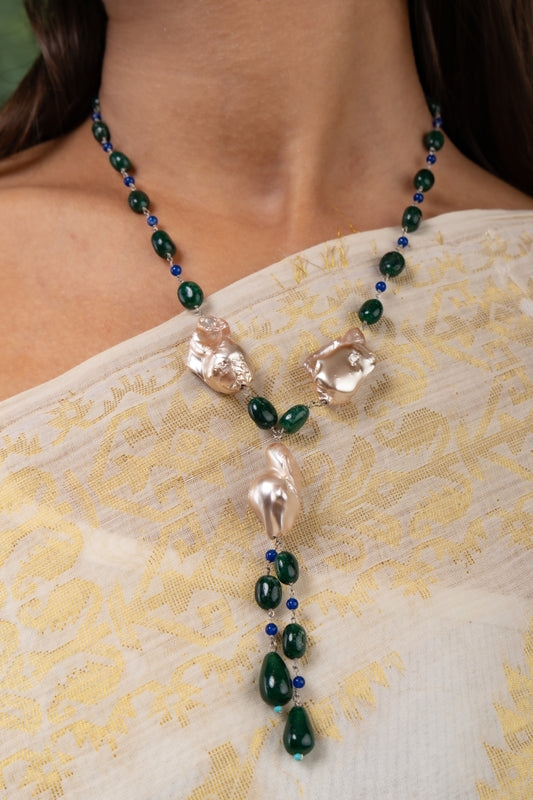 Emerald Green Jade And Faux Pearls Necklace