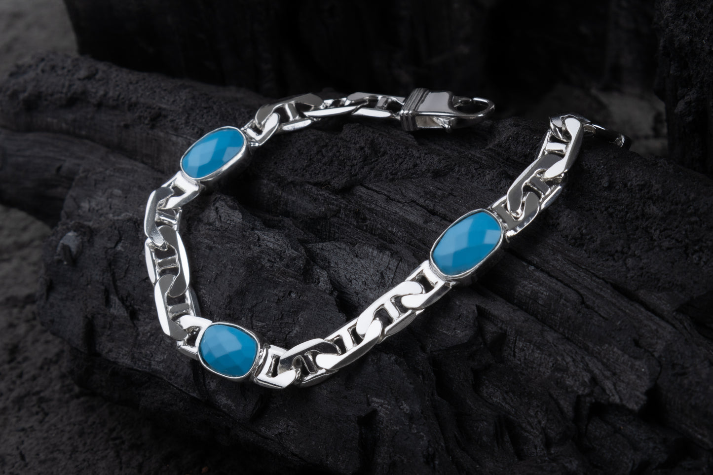 Triple Turquoise Silver Men Bracelet