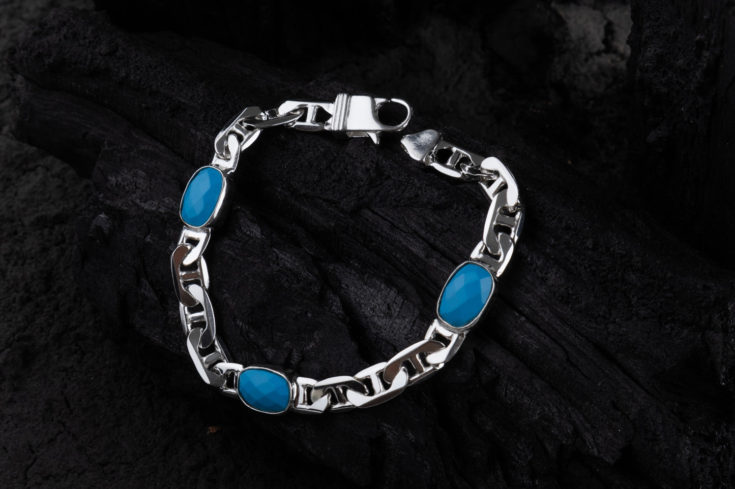 Triple Turquoise Silver Men Bracelet