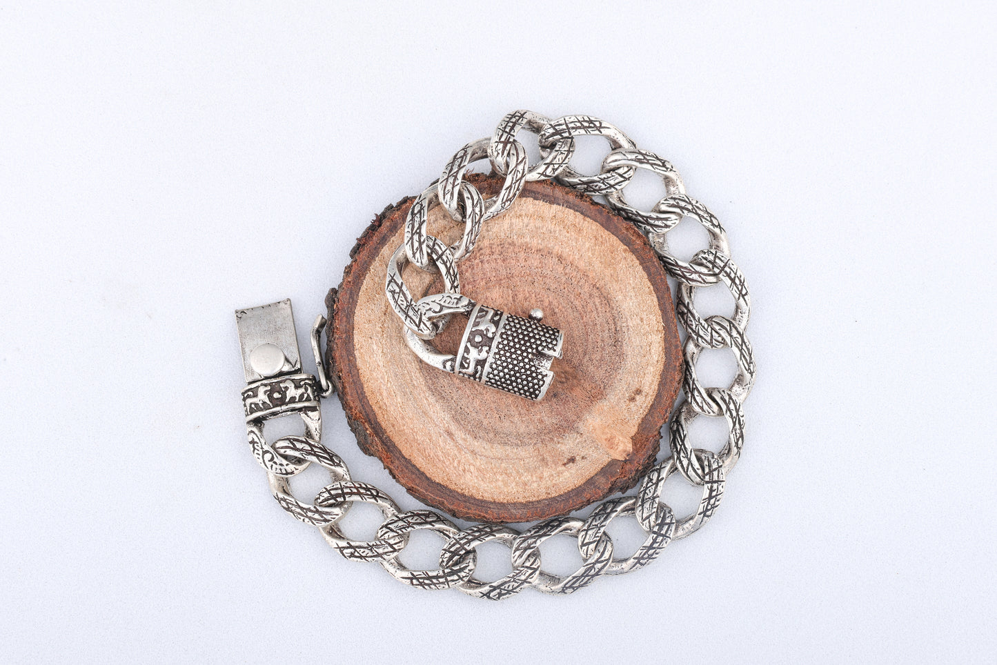 Engraved Link Chain Silver Bracelet