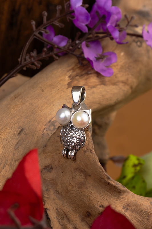 Pop Eyed Pearl And Silver Owl Pendant