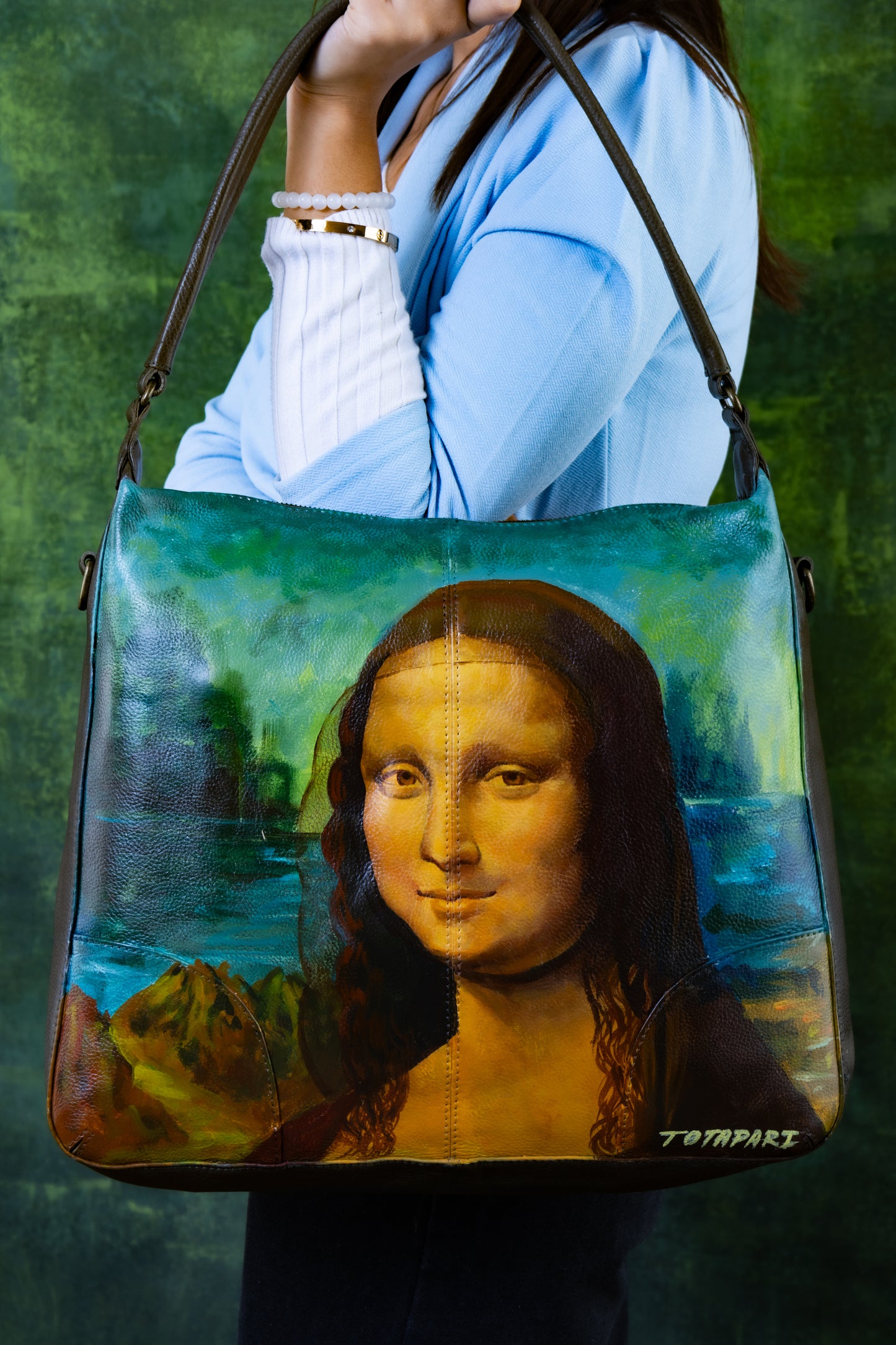 Hand Painted Monalisa Leather Tote Bag