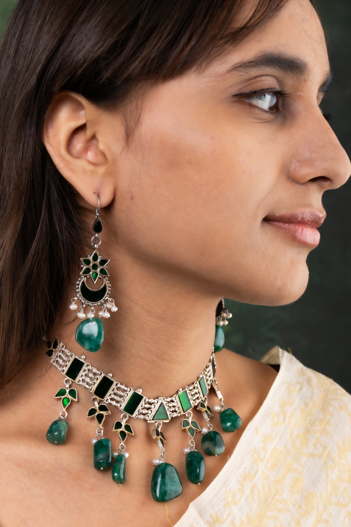 Silver Green Mirrored Choker Set