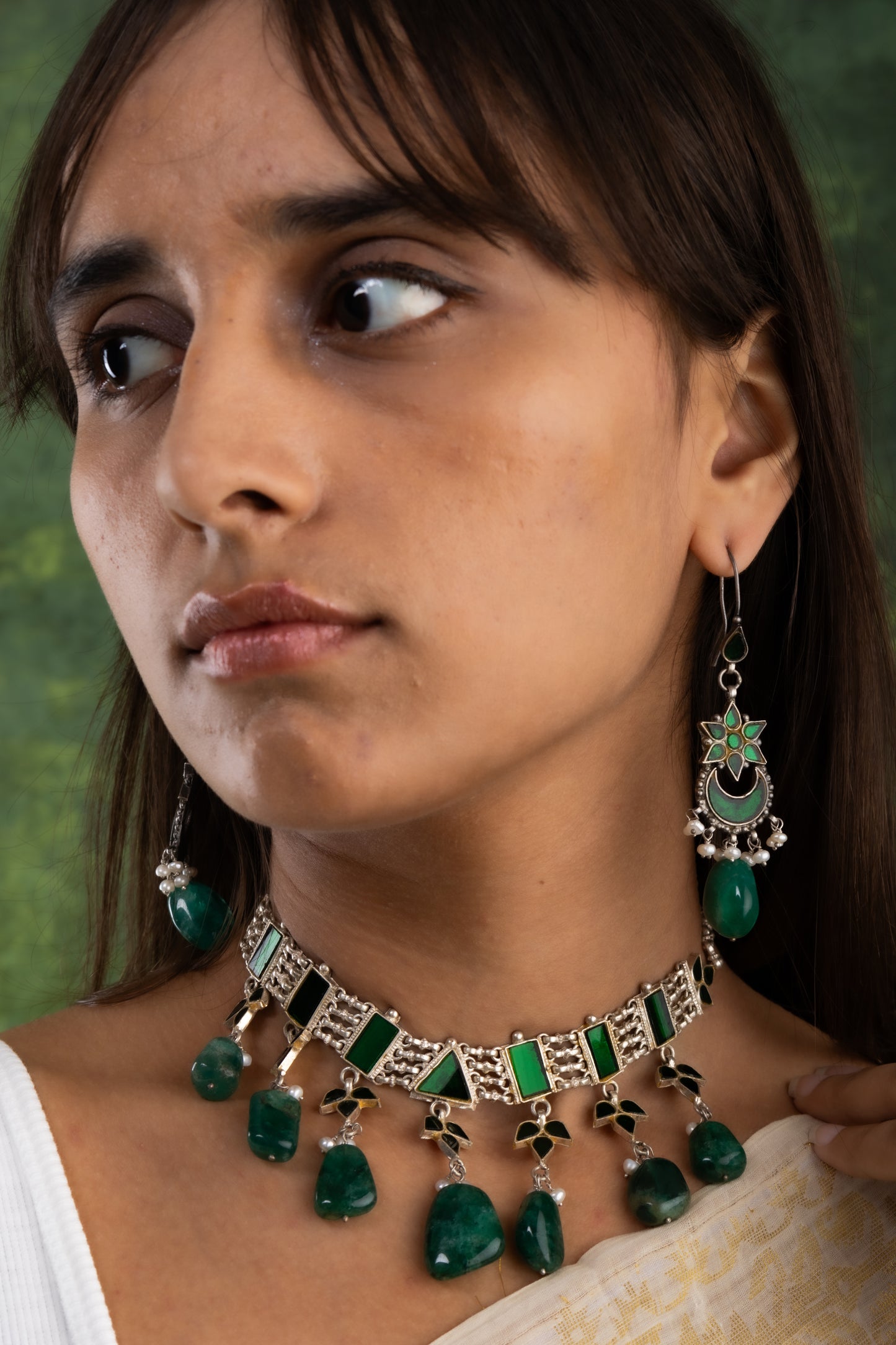 Silver Green Mirrored Choker Set