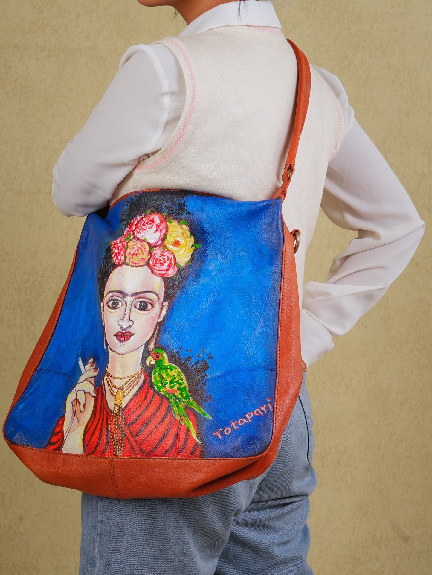 "Not Fragile" Frieda Hand Painted Leather Hobo Bag
