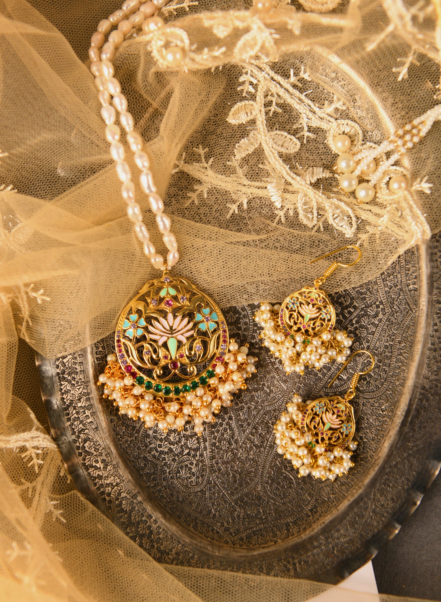 Amrita Meenakari Set With Freshwater Pearls Necklace