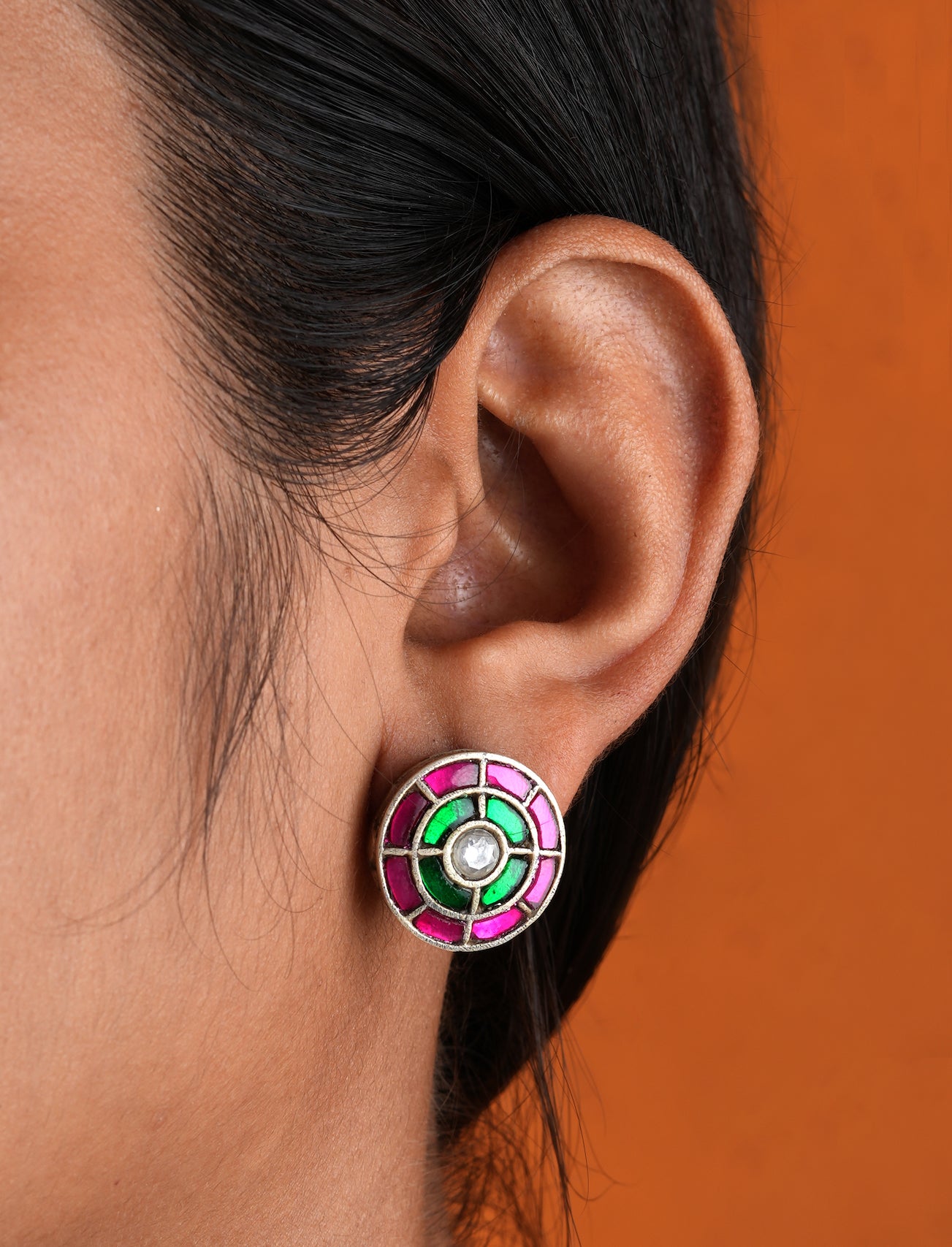 Pink and Green Round Kundan Studs