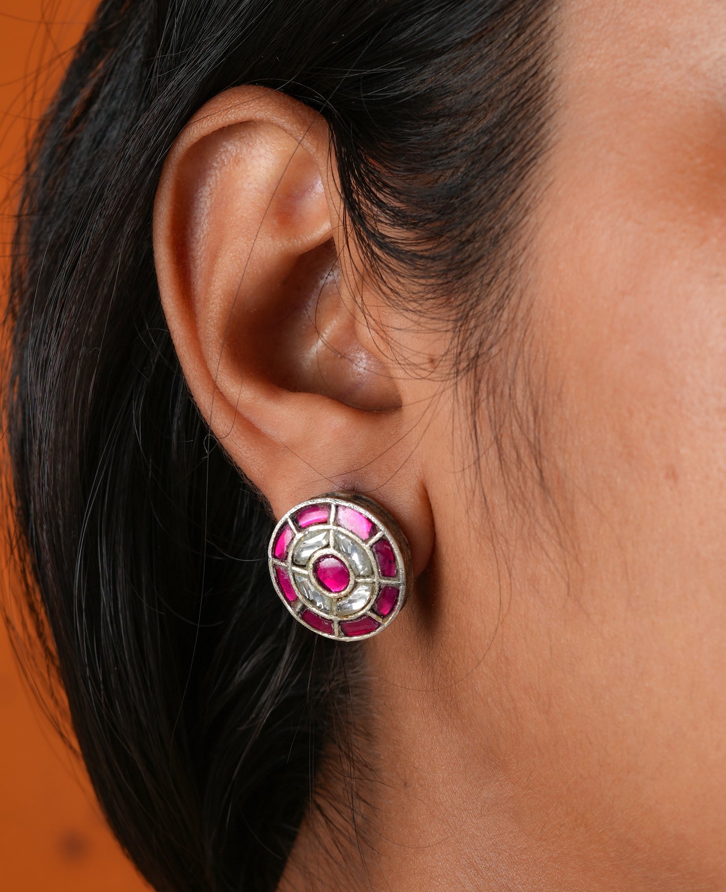 Pink Pinwheels Silver Kundan Studs