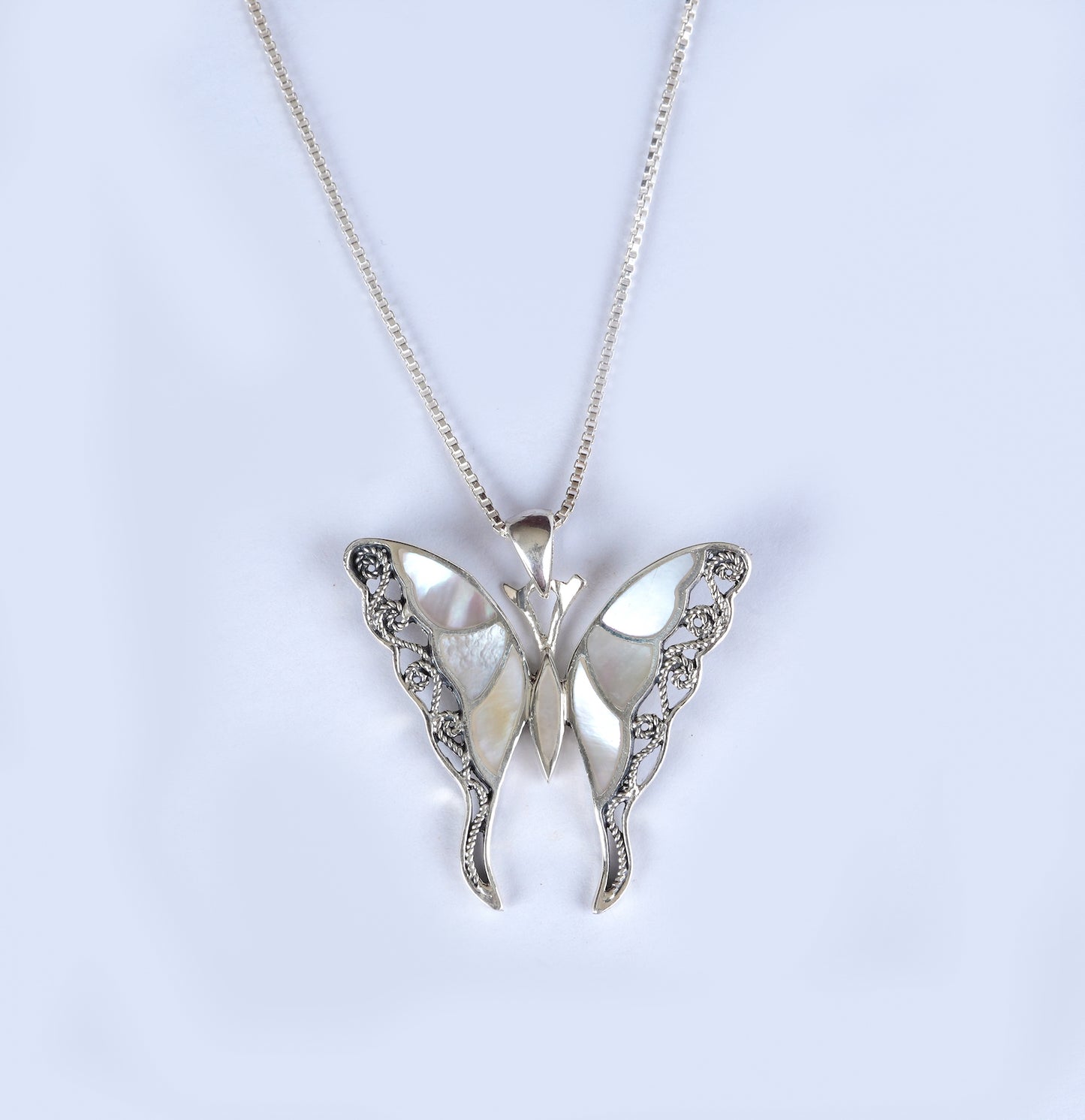 White Winged Butterfly And MOP Silver Pendant