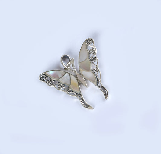 White Winged Butterfly And MOP Silver Pendant