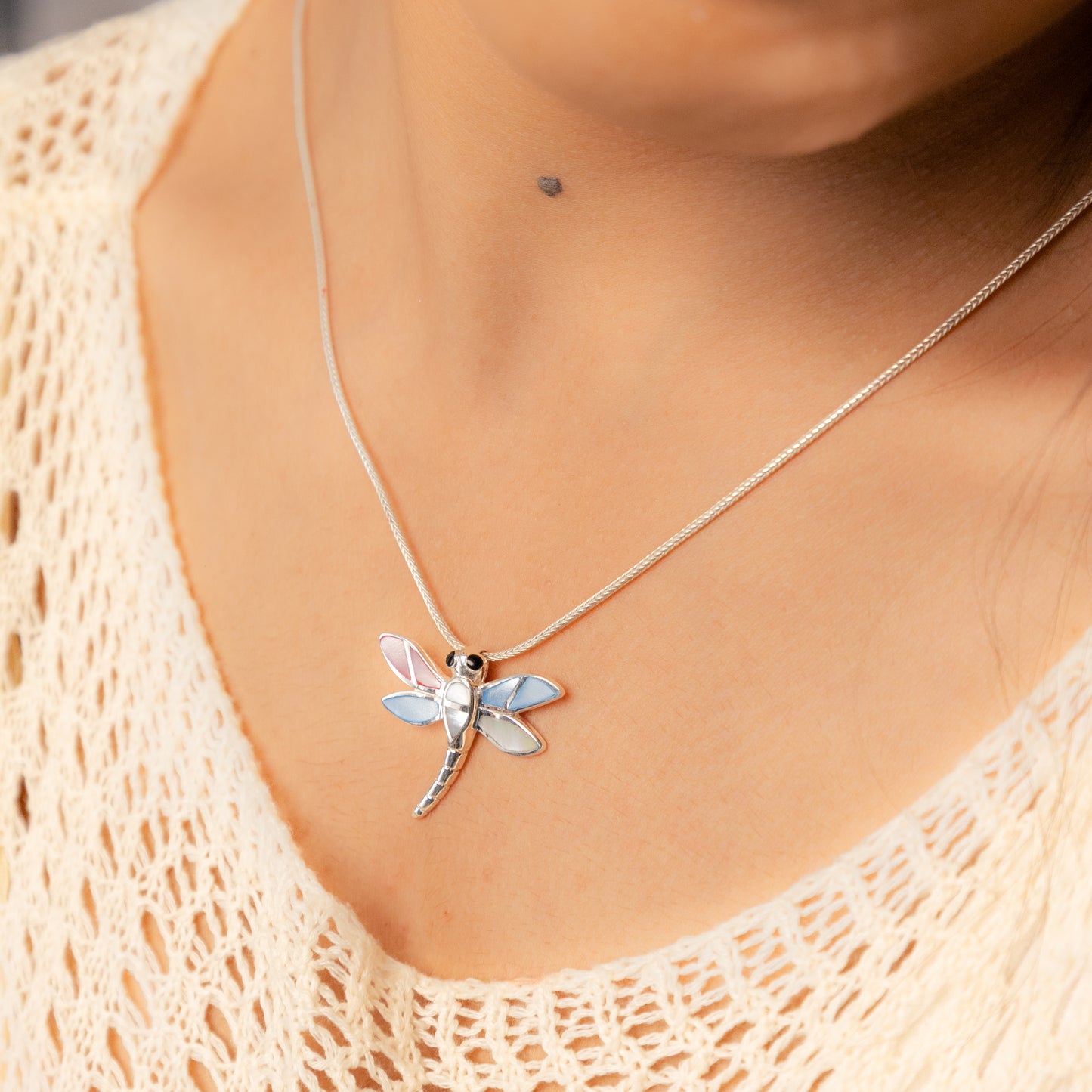 Multi colour MOP Dragon Fly And Silver Pendant