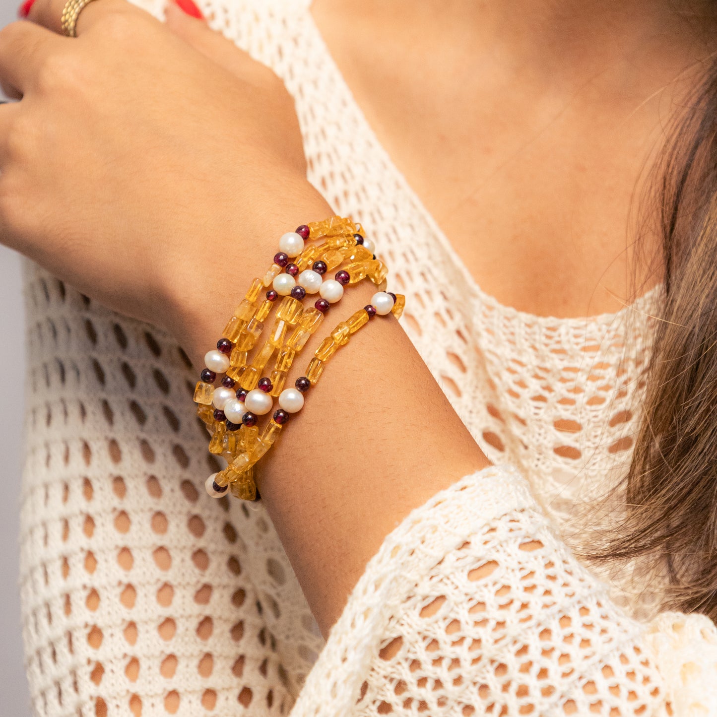 Trendy Citrine Garnet And Pearl Bracelet