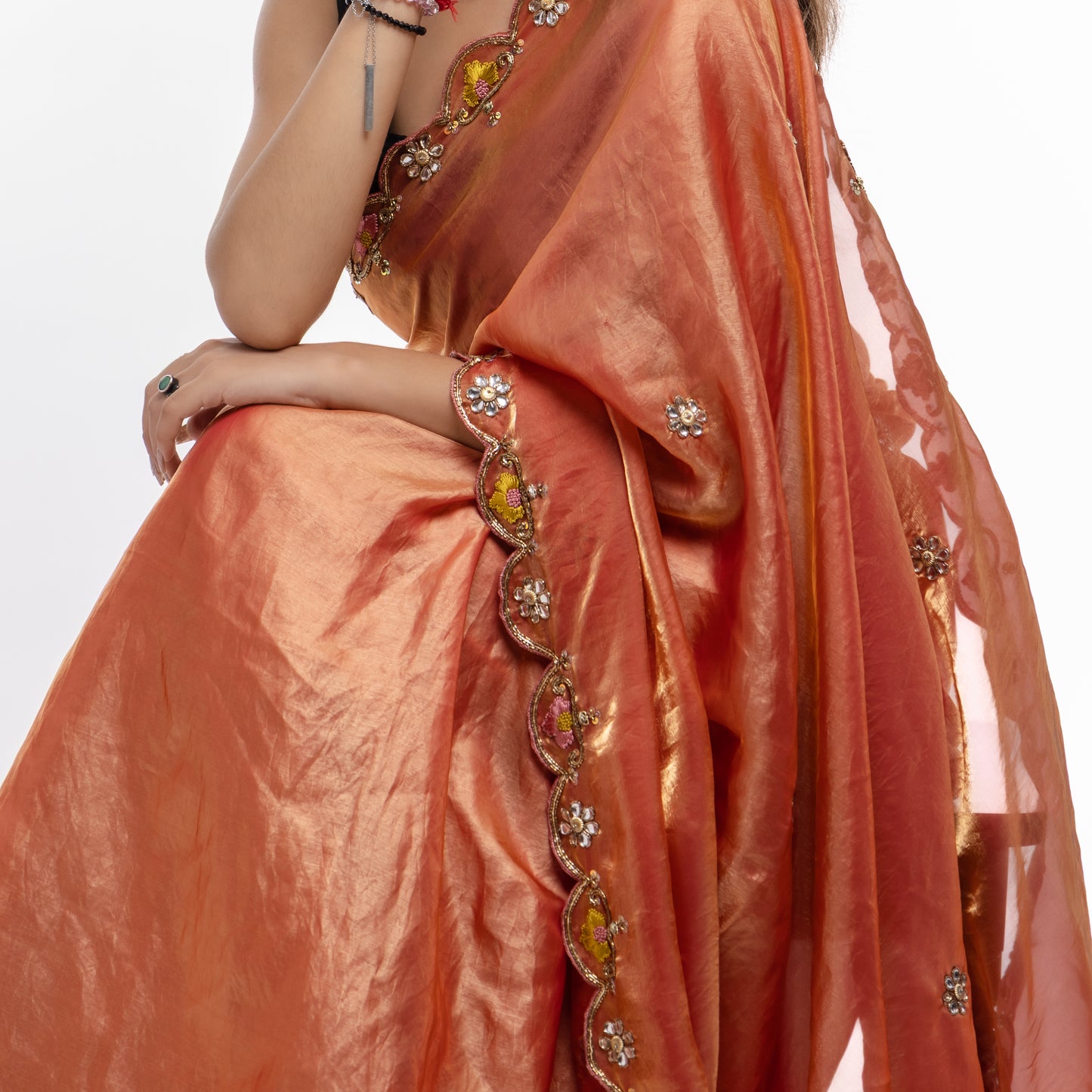 Rust Orange Hand Embroidered Sequin Sari
