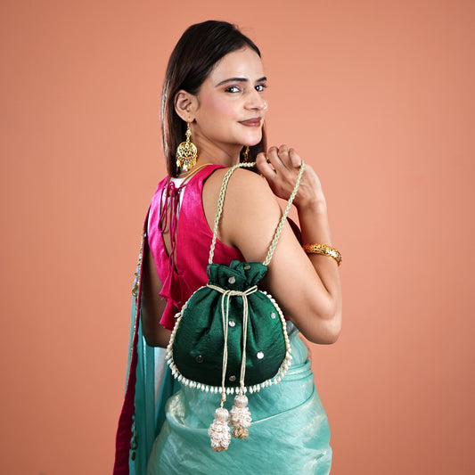 Bottle Green Sequinned Potli