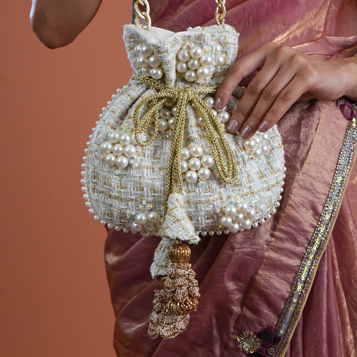 Pearl White Hand Embroidered Silk Potli