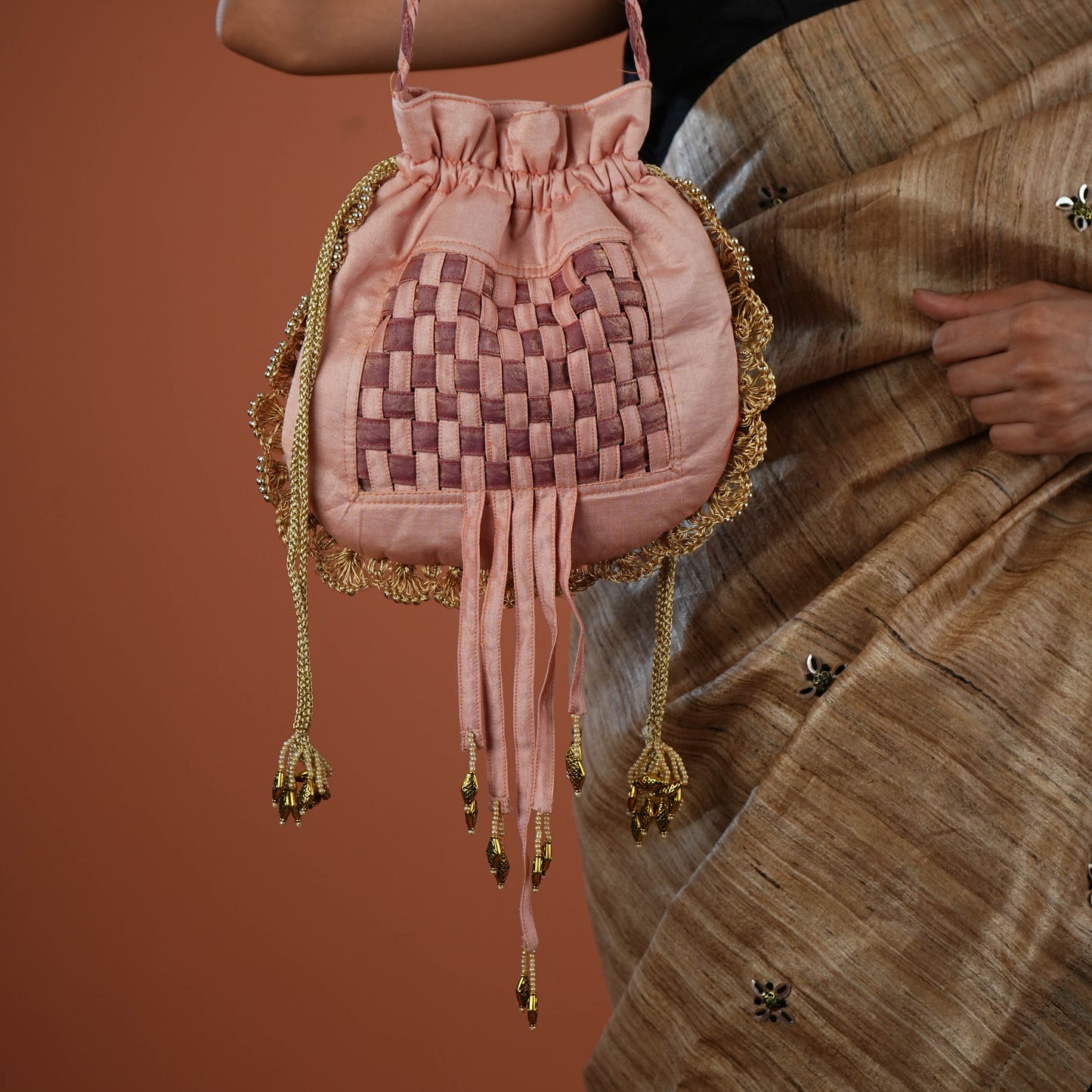 Peach Royal Zardozi Hand Embroidered Potli