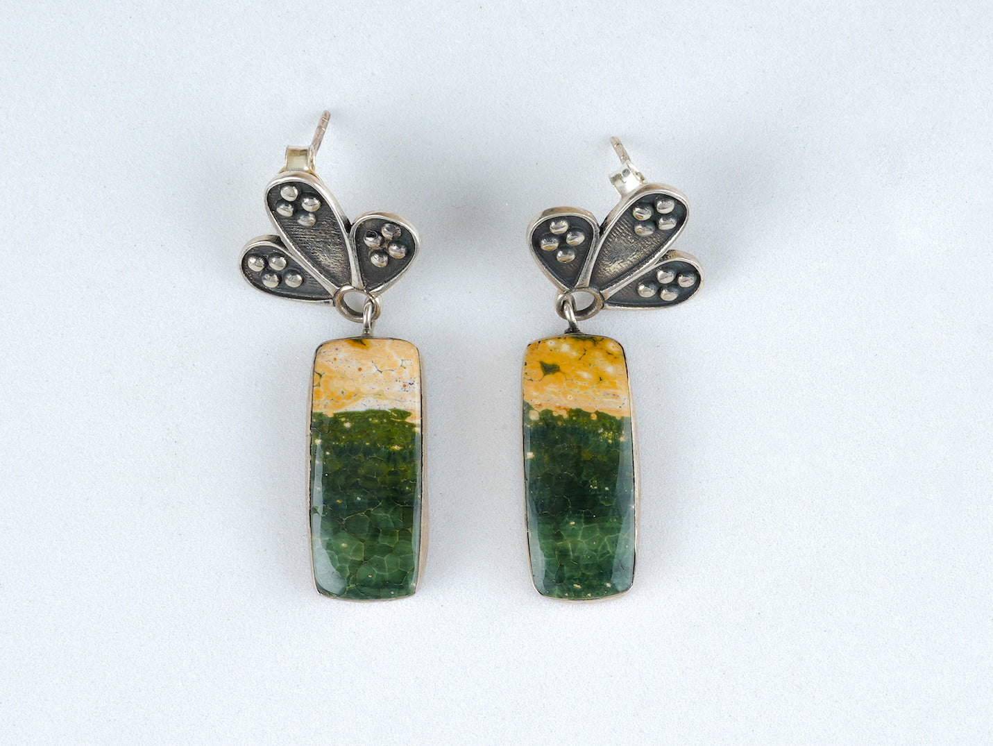 Silver Green Moss Agate Earrings
