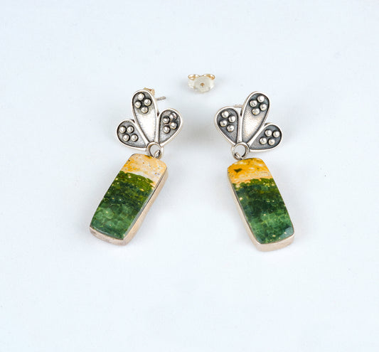 Silver Green Moss Agate Earrings