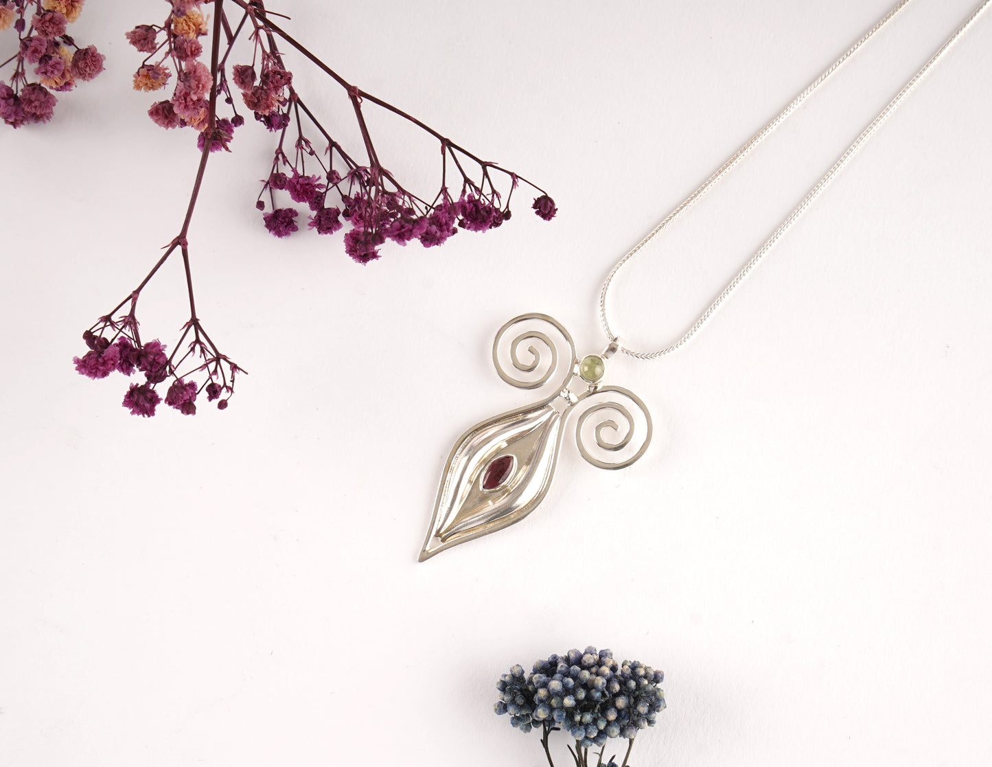 Third Eye Silver Pendant With Garnet And Peridot