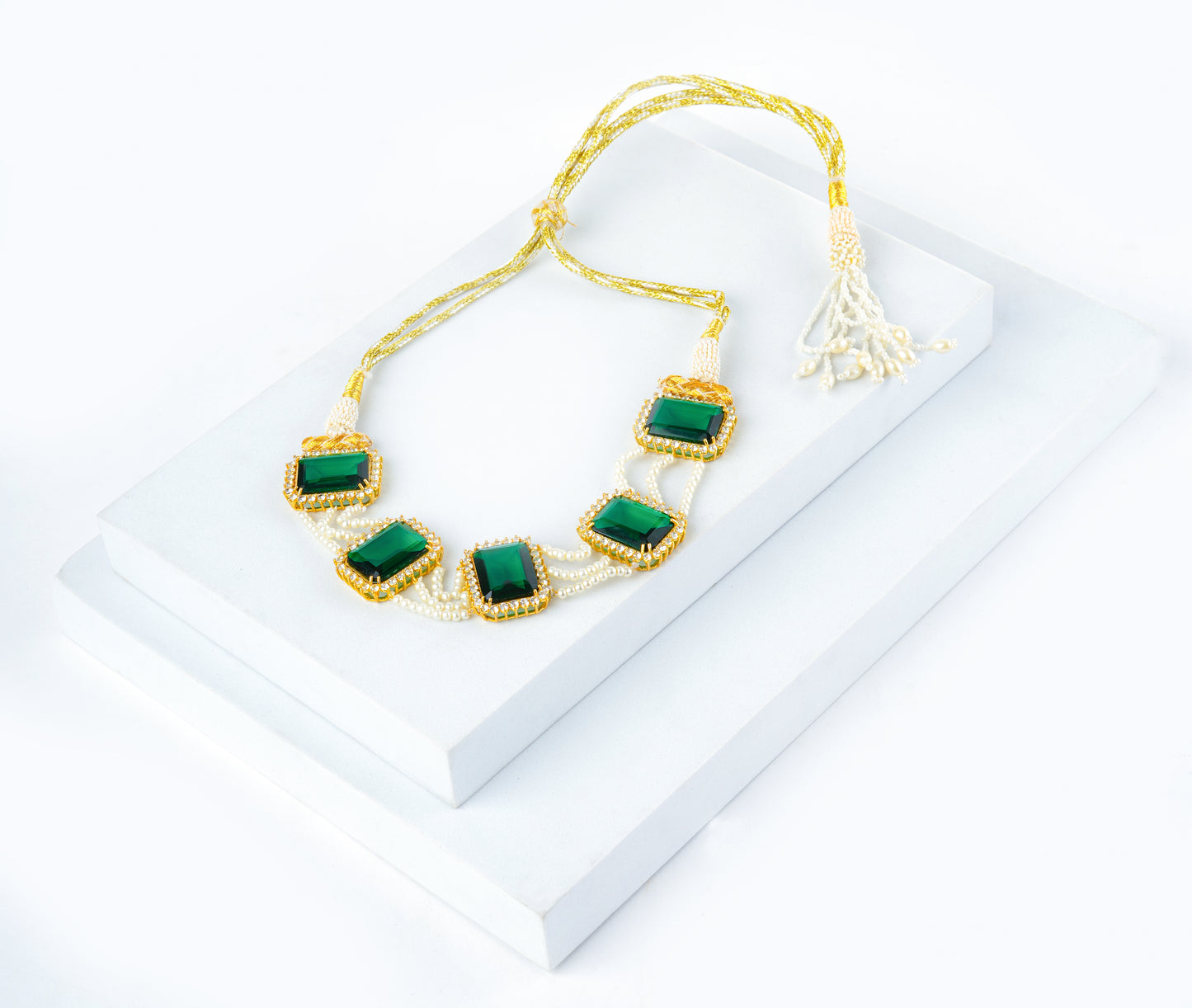 Emerald Diamond Accent Pearl Choker Set