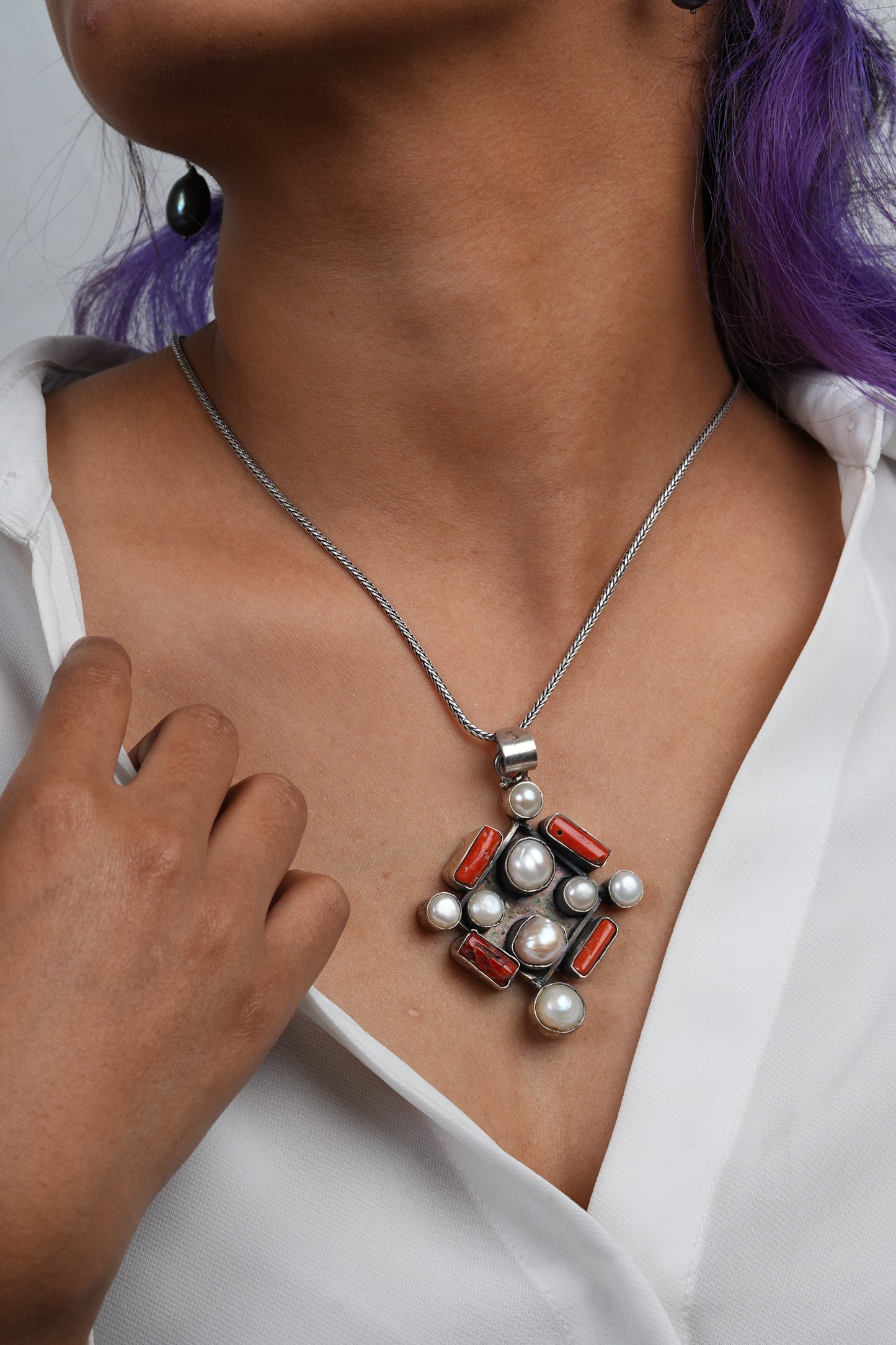 Silver Pearl And Coral Pendant