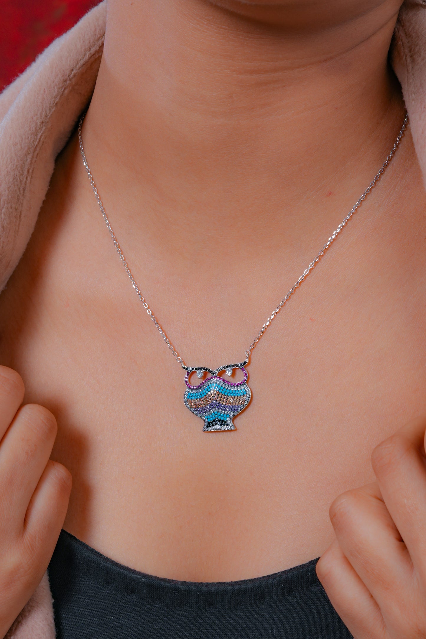 Silver Rainbow Night Guardian Owl Pendant