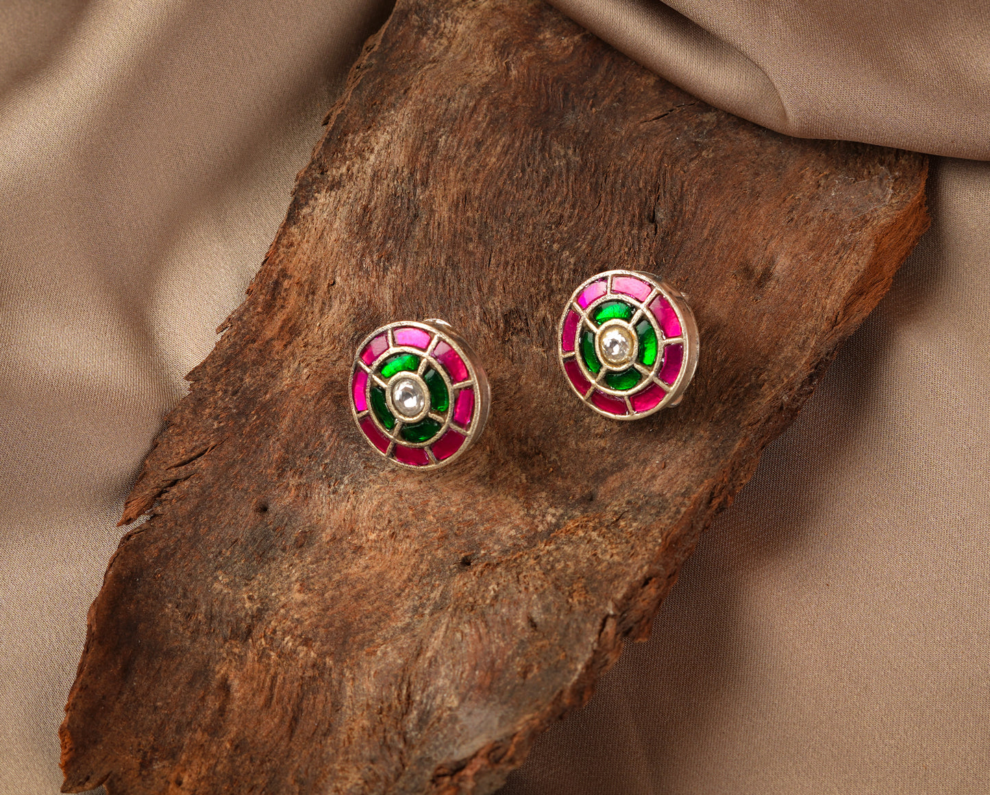 Pink and Green Round Kundan Studs