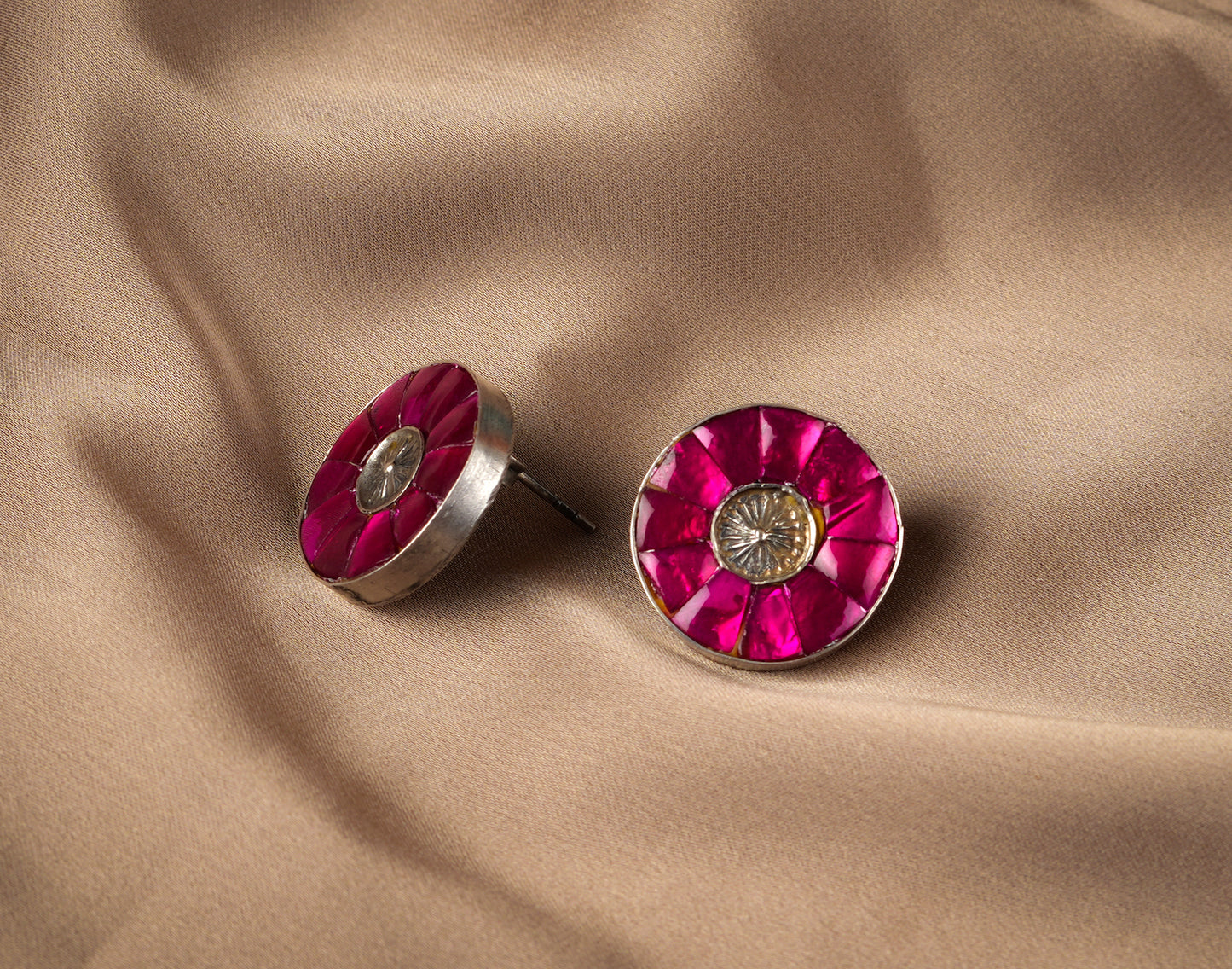 Pink Kundan Silver Studs
