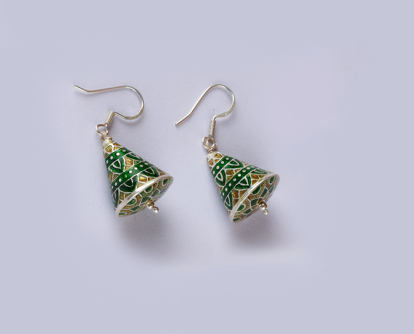 Green Meena Work Silver Jhumkas