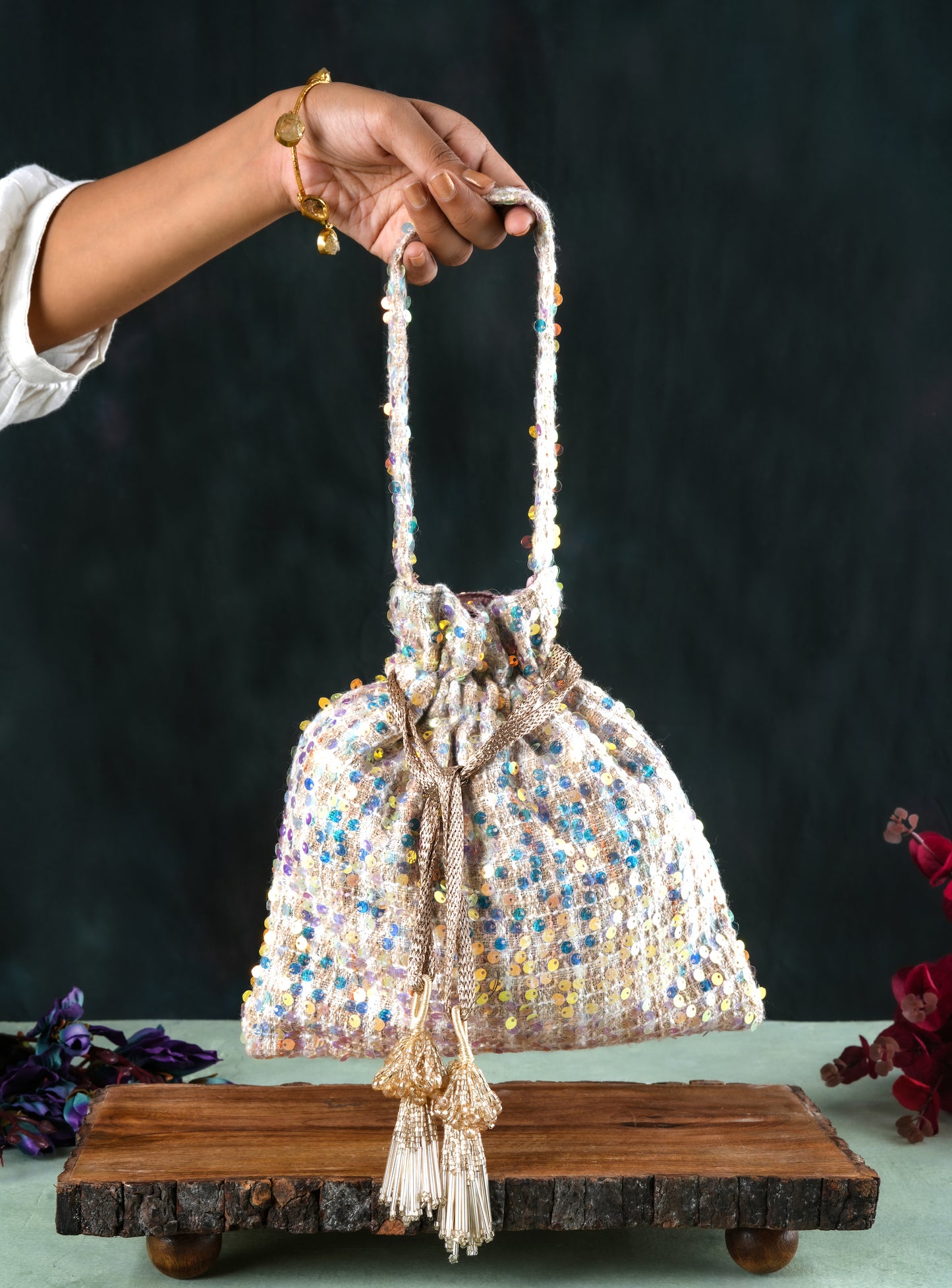 Beige Sequin Potli Bag