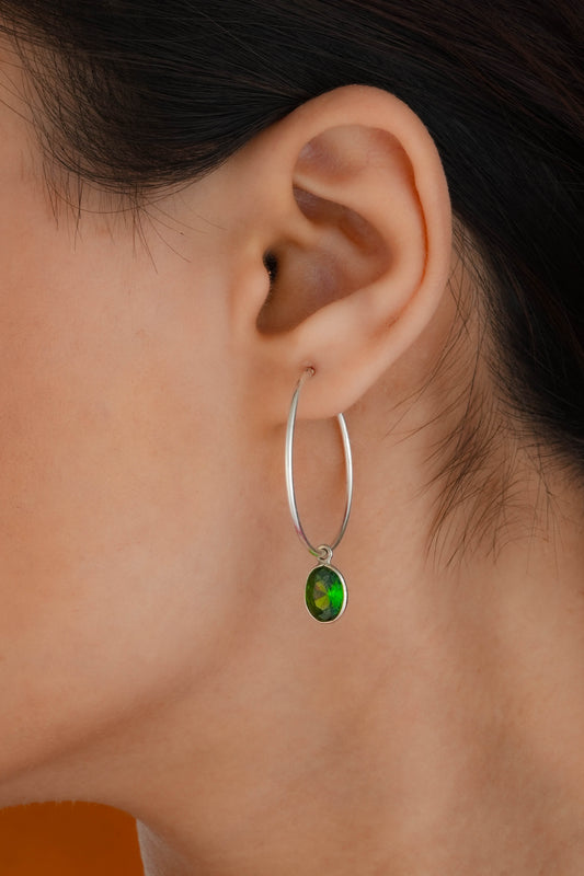 Emerald Green Drops Silver Hoops