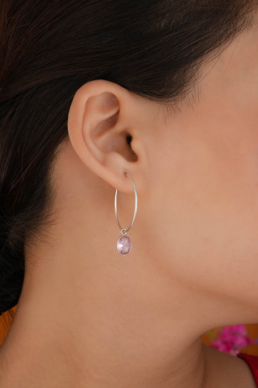 Pink Crystal Drops In Silver Hoops