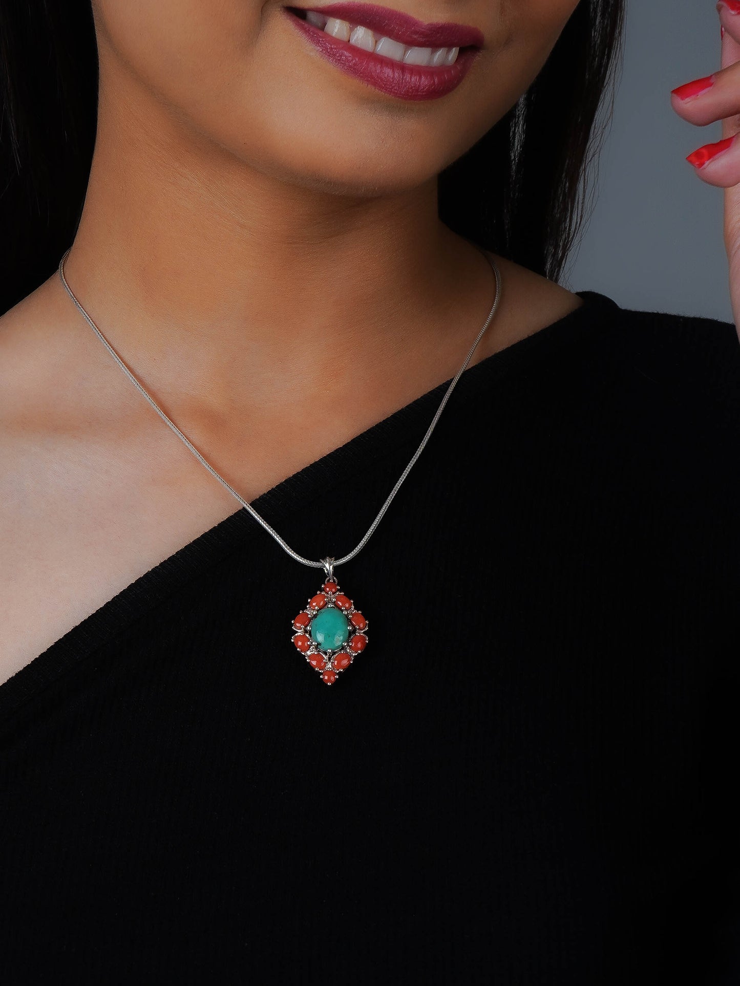 Turquoise Coral Silver Pendant