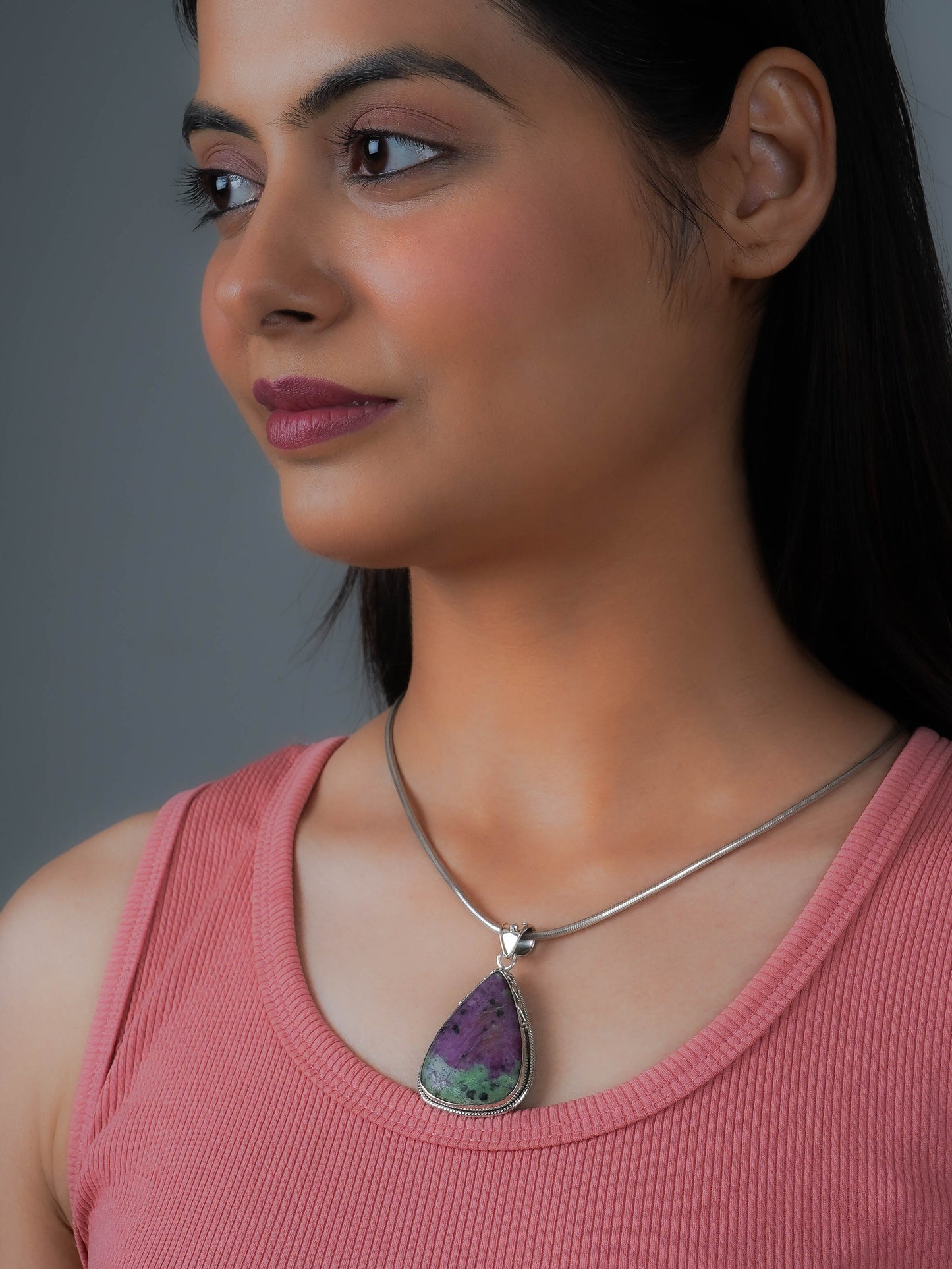 Ruby Zoisite Drop Silver Pendant