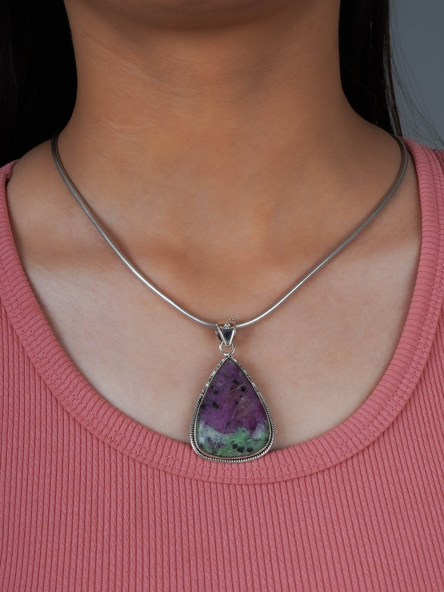 Ruby Zoisite Drop Silver Pendant