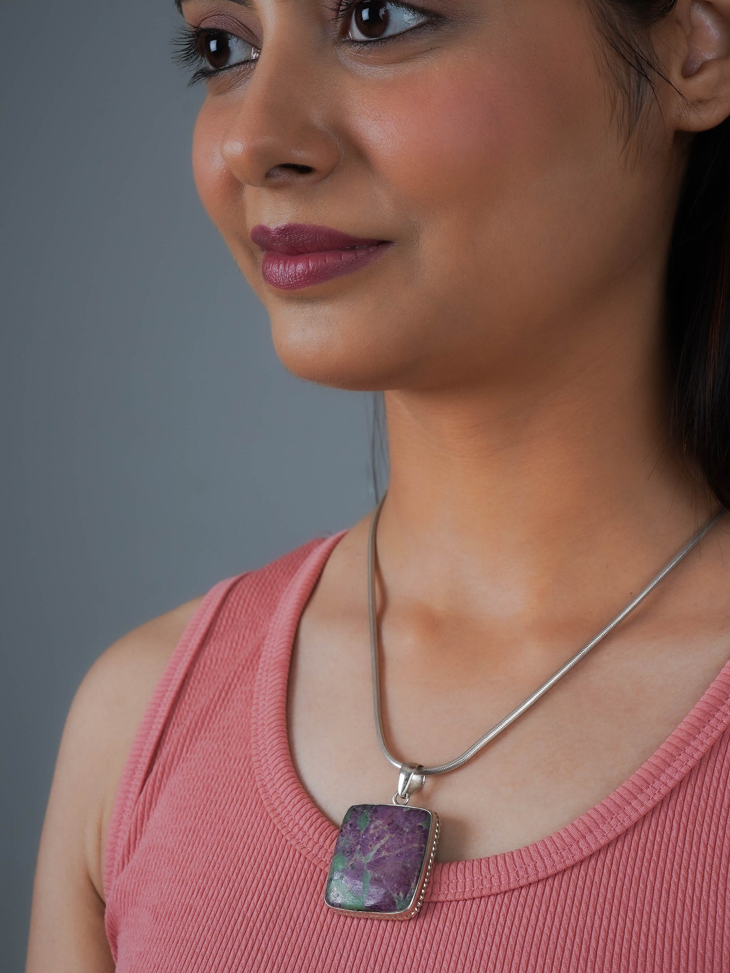 Square Ruby Zoisite Pendant In Silver