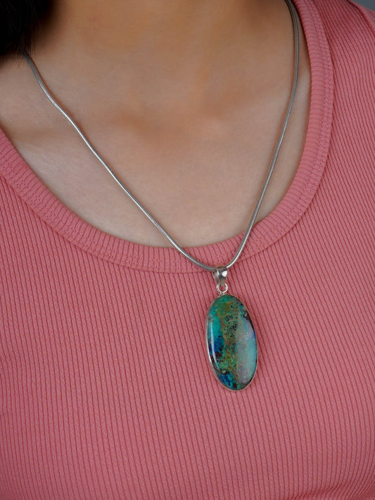 Chrysocolla Oval Silver Pendant