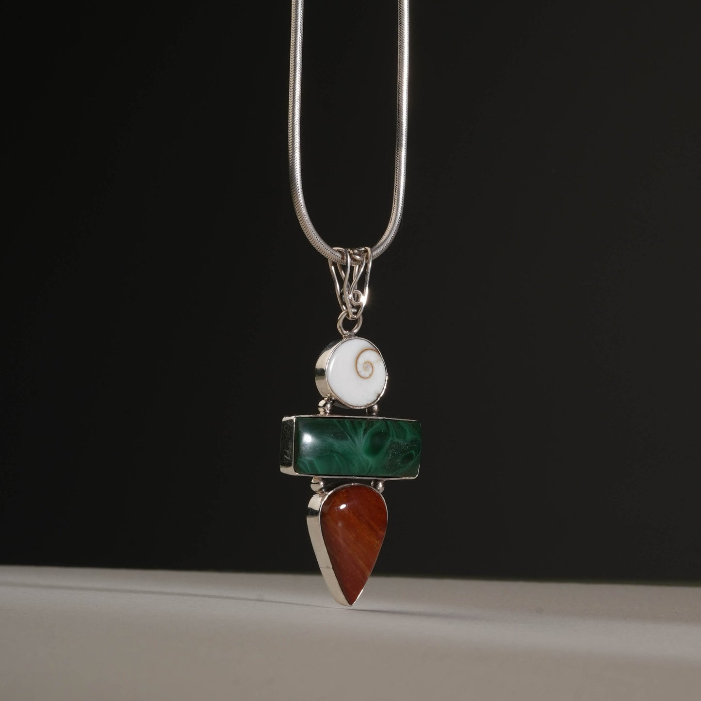 Shiva Eye Malachite and Red Jasper Silver Pendant